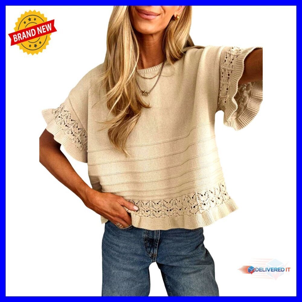 Short Sleeve Knit Pullover Ruffled Hem Crochet Top Casual Summer Fall